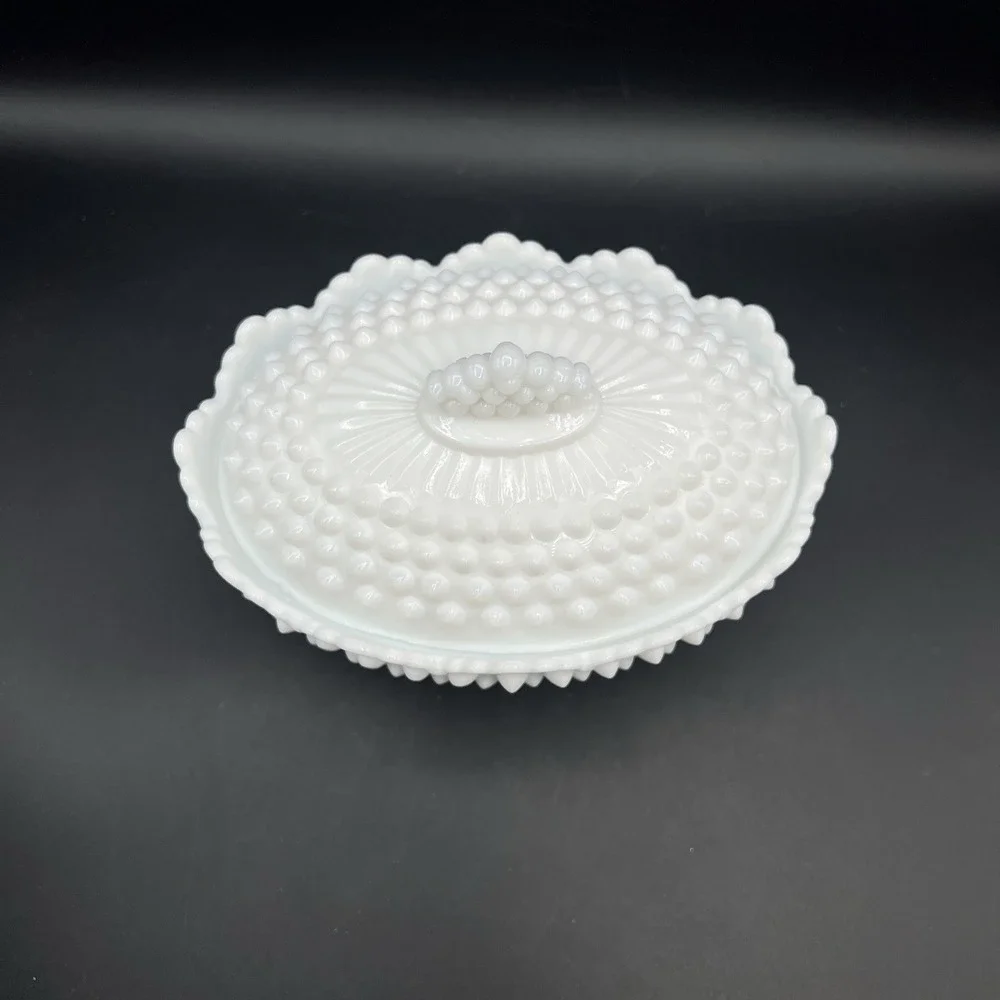 VTG Fenton White Milk Glass Hobnail Oval Footed‎ Covered Candy Dish with Lid